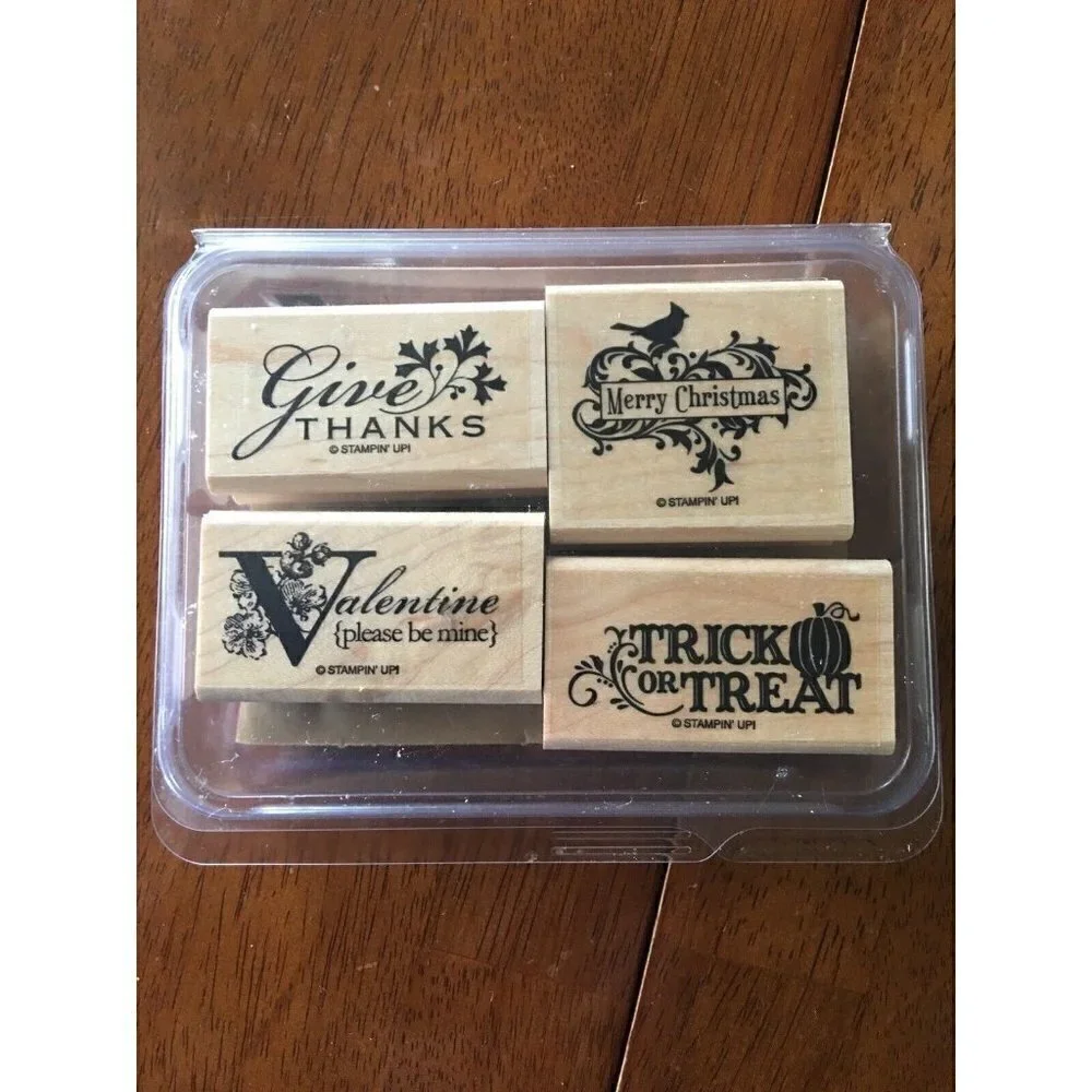 Stampin’ Up HOLIDAY BEST 4 Rubber Stamps Valentine Christmas Halloween Wood